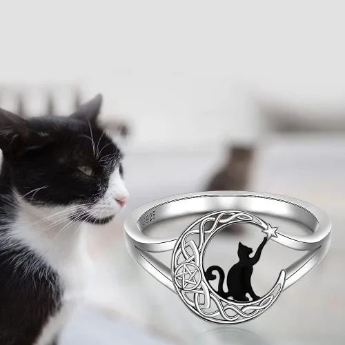 Vista 2 de Anillos de gato negro para mujer, diseño de árbol de la vida, joyería de Plateado