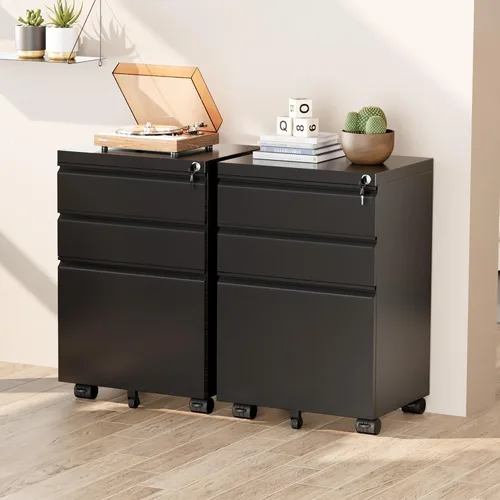 Vista 8 de Greenvelly Archivador móvil de 3 cajones con cerradura, archivador de metal sobre ruedas, archivador debajo del escritorio para organizador de Negro