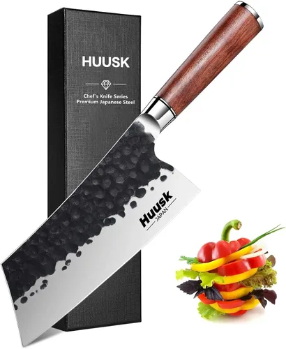 Vista 10 de Huusk Juego de 2 cuchillos vikingos japoneses para cortar carne, cuchillos forjados a mano con mango de madera, cuchillos japoneses de acero de alto