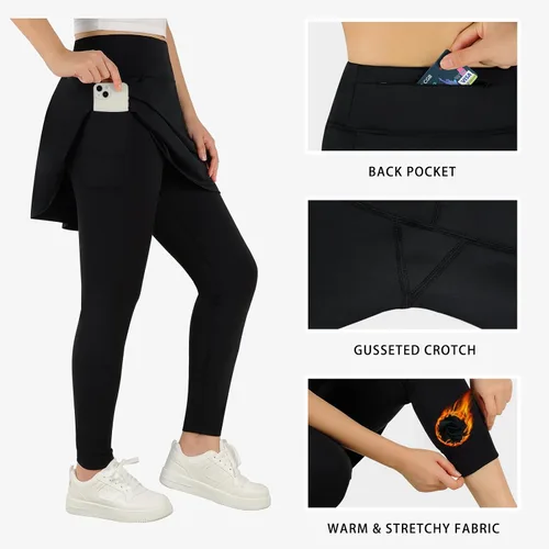 Vista 5 de ANIVIVO Leggings con forro polar hasta la rodilla para mujer, con falda, cálidos, de invierno, con falda para mujer, cintura alta, bolsillos