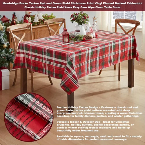 Vista 2 de Newbridge Burke - Mantel de vinilo con estampado navideño de cuadros rojos y verdes, clásico de Navidad, fácil cuidado, cuadrado de 52 x 52
