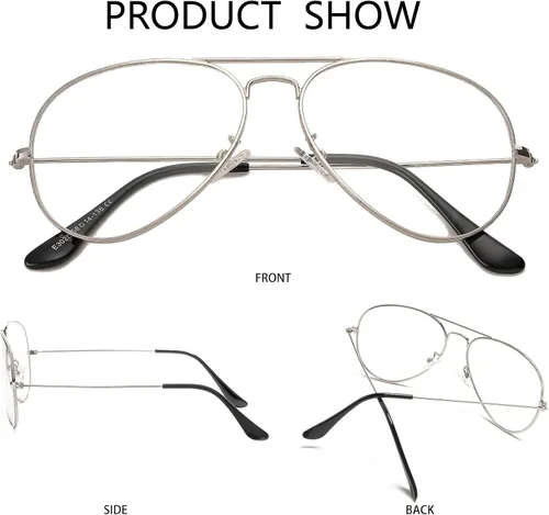 Vista 5 de Gafas de aviador clásicas para mujeres y hombres, marco de metal retro, lentes transparentes sin receta, 2.283 in