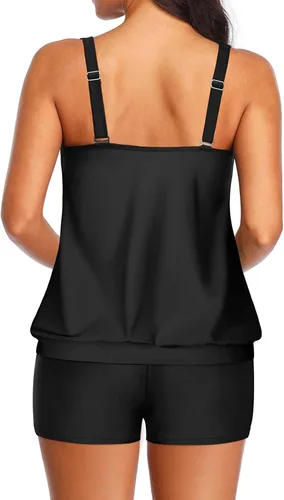 Vista 2 de Yonique Trajes de baño estilo tankini con blusón para mujer, de dos piezas, ajuste holgado, sencillo y estampado floral.