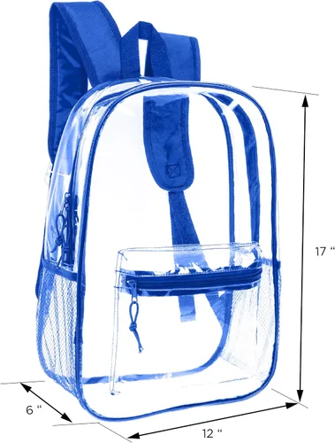 Vista 2 de Moda West Mochila de PVC transparente - Mochila transparente resistente con correas acolchadas para el hombro, Azul, 17 pulg., Classic