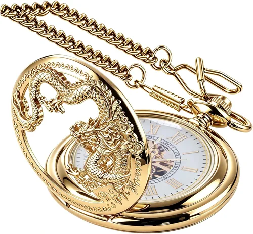 Vista 10 de Men's Mechanical Hollow Dragon Design Hand Wind Pocket Watch Roman Numerals Steampunk with Chain Box Cus-PJX1346-bronce negro