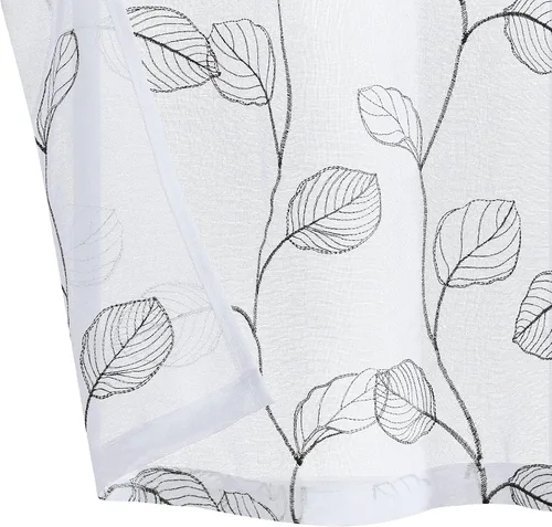 Vista 6 de Topick Cortinas traslúcidas blancas para cocina, cortinas semitransparentes con hojas grises bordadas para cafetería, media ventana para caravana