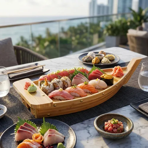 Vista 3 de Restaurantware -Bandeja de servicio de barco de sushi de 17.3 pulgadas, 1 bote de sushi duradero - Robusto, fácil de limpiar, barco de madera
