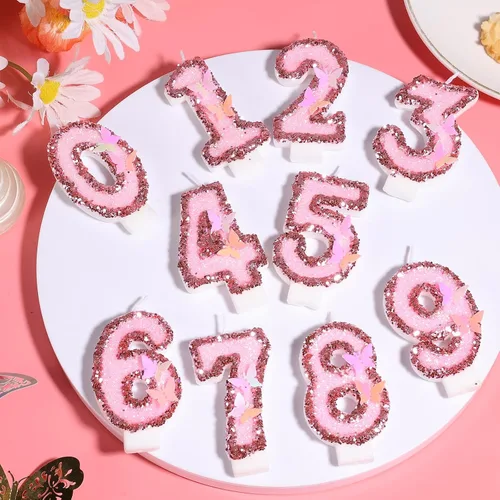Vista 6 de Velas de números de cumpleaños, velas de números con purpurina de 2.95 pulgadas con complemento de mariposa, velas de números rosas con lentejuelas