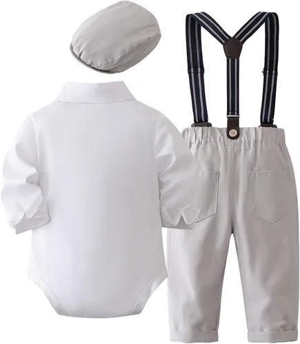 Vista 2 de SALNIER Conjunto de ropa de traje de bebé niño esmoquin trajes de caballero trajes de corbatín camisa tirantes pantalones boina sombrero