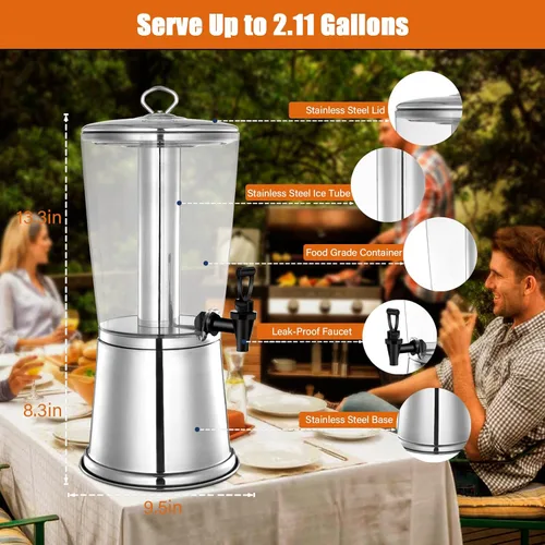 Vista 6 de Dispensador de bebidas de 2 galones con soporte, dispensadores de bebidas para fiestas, dispensadores de jugo de acero inoxidable con tubo de hielo