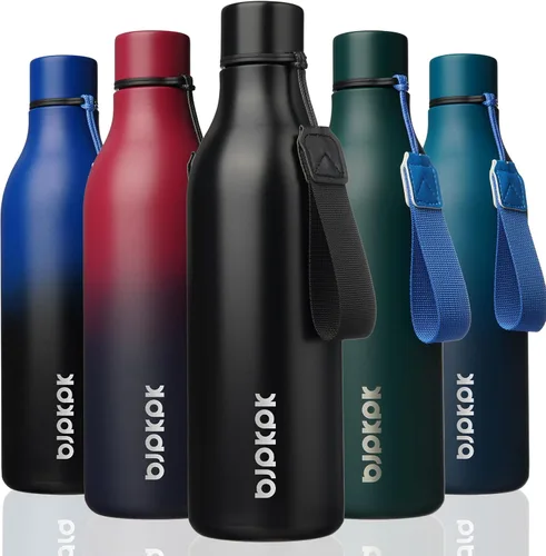 Vista 53 de BJPKPK Botellas de agua aisladas, botella de agua de metal de acero inoxidable de 12 onzas con correa, sin BPA a prueba de fugas, jarras, tazas