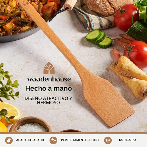 Vista 5 de Cucharón de madera largo de 17.5” – Paleta para cangrejos, espátula de madera para cocinar – Cucharón de madera de haya de mango largo para cocina