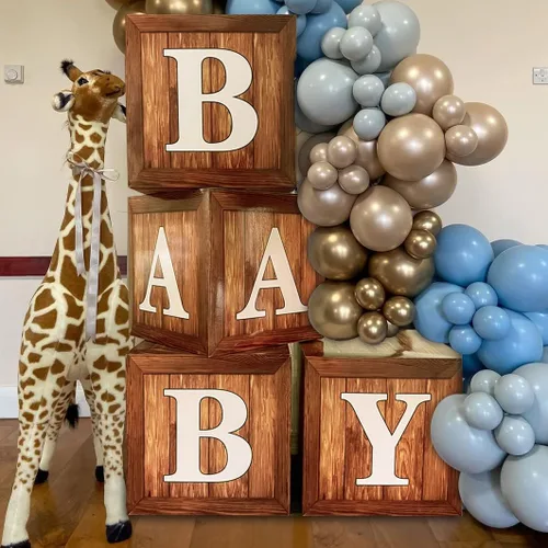 Vista 6 de Cajas de exhibición para baby shower con impresión de veta de madera para decoraciones de fiesta, telón de fondo neutro para fiesta de revelación