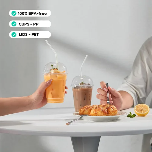 Vista 6 de Paquete de 100 vasos de plástico transparente de 12 onzas con tapas de cúpula, tazas desechables de parfait de postre para helado, bebidas de café