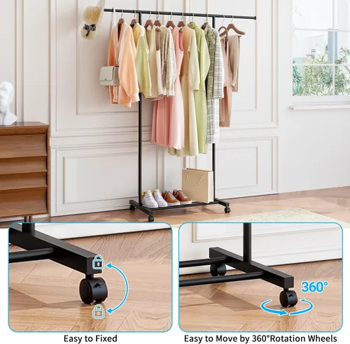 Vista 7 de SUOERNUO Perchero con ruedas para colgar ropa, perchero de metal portátil para dormitorio, lavandería, sala de estar