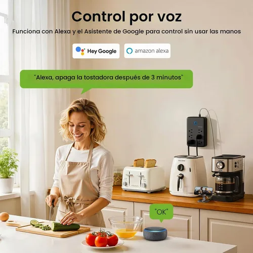 Vista 4 de GHome Smart Extensor de tomacorriente, protector de sobretensiones con 3 regletas inteligentes controladas individualmente y 3 puertos USB