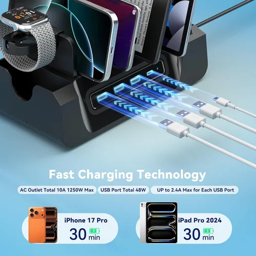 Vista 3 de Estación de carga KDD con 6 cables de carga - Estación de carga rápida 6 en 1 para celular con soporte para auriculares y soporte para reloj - 2