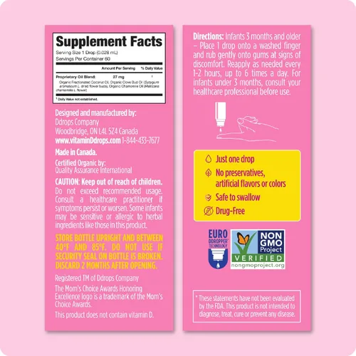 Vista 2 de Ddrops Gotas de dentición orgánicas para bebés, calma y calma las encías tiernas de forma natural, formato de gotas fácil de usar, 3 meses +, 60