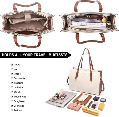 Vista 4 de CLUCI Bolsa de cuero para laptop de 15.6 pulgadas, maletín para mujer, bolso de hombro grande para oficina, escuela, viajes