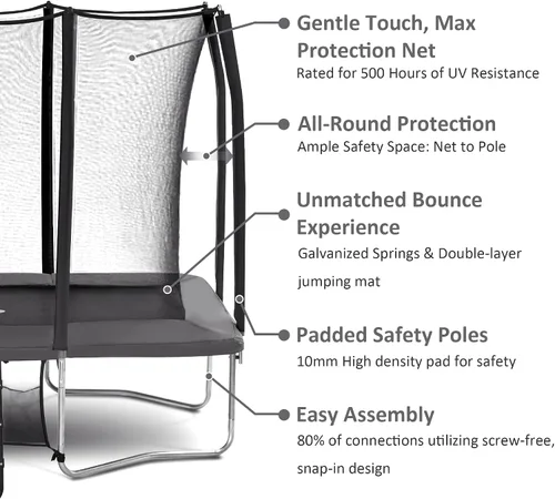 Vista 2 de Exacme Trampolín Rectangular de 7 x 10, 8 x 12, 9 x 14 Pies para Niños, Aberturas de Cerramiento Dobles, Trampolín Rectangular Pequeño para Gris