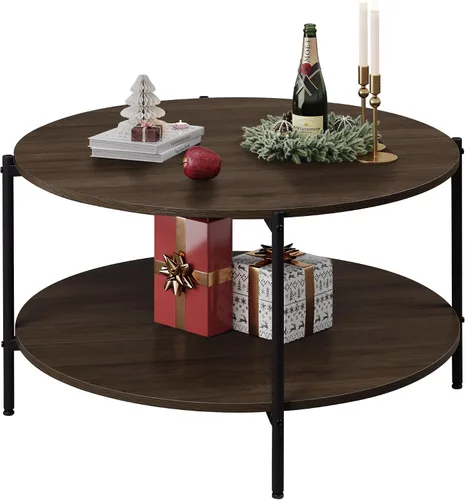 Vista 11 de WLIVE - Mesa de centro redonda, mesa de café pequeña de 32.6" con estante de almacenamiento, mesa de centro de madera de 2 niveles para sala
