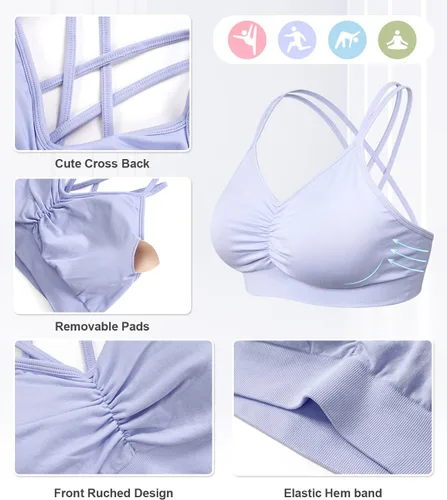 Vista 5 de VEQKING Brasier deportivo con espalda cruzada para mujer, brasier deportivo fruncido, soporte medio, brasier de yoga con relleno extraíble