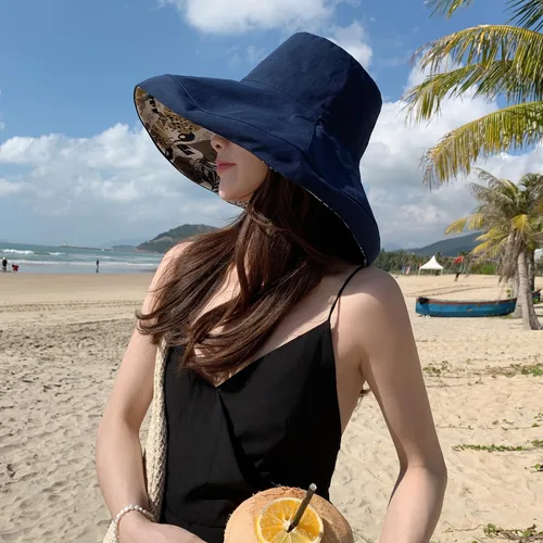Vista 6 de Sombrero de sol de ala súper ancha para mujer, de algodón, plegable, reversible, con borde con cable, protección UV, verano, playa, viajes, jardín