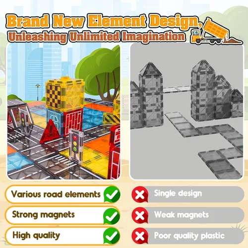 Vista 6 de Laminados magnéticos juguetes de construcción para niños - Set de carretera con grúa magnética para niños de 3-5 4-8 8-10 años, Set de expansión