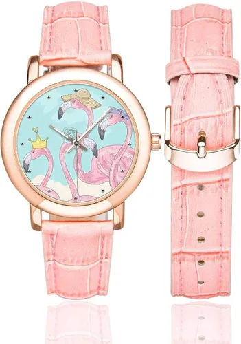 Vista 2 de InterestPrint Cute Flamingo Birds - Reloj de pulsera para mujer, chapado en oro rosa, correa de cuero rosa