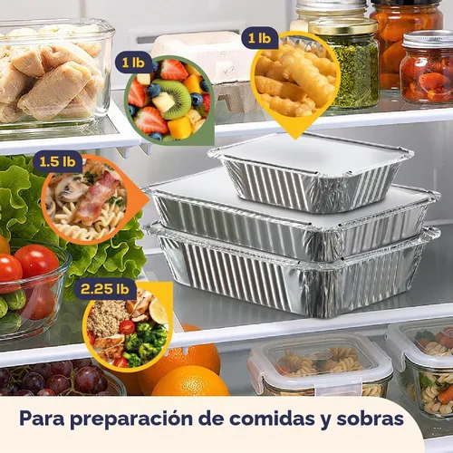 Vista 7 de Fit Meal Prep Paquete de 100 sartenes pequeñas de papel de aluminio de 1 libra con tapas, recipientes desechables para alimentos con tapas