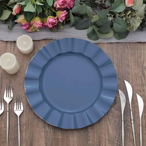 Vista 160 de Tableclothsfactory Paquete de 10 platos redondos de plástico negro de 6 pulgadas para ensalada de postre, platos desechables con borde ondulado