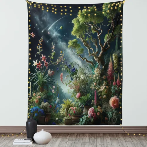 Vista 153 de Ambesonne Tapiz verde, fases lunares alrededor de un árbol de la vida, impresión de diseño bohemio de astrología nocturna, decoración de tela