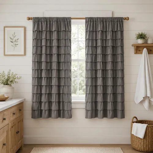 Vista 14 de Cortinas negras con volantes, 2 paneles, paneles de ventana con volantes de 12 capas, cortinas de estilo rústico para dormitorio, baño, bolsillo