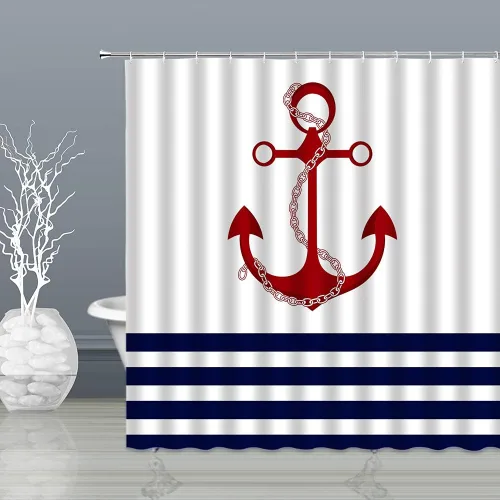 Vista 2 de Cortina de ducha con ancla roja, diseño de rayas azul marino y blanco, diseño náutico, vida marina, pintura artística, navegación, decoración