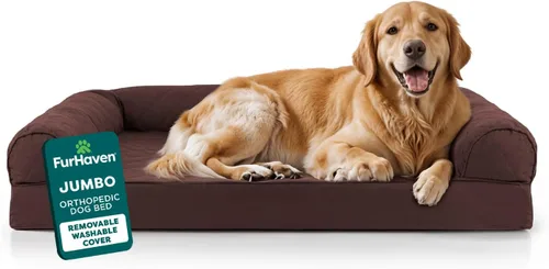 Vista 37 de Furhaven - Cama ortopédica para perros, estilo sofá, acolchada, con funda extraíble y lavable, marrón tostado, tamaño jumbo (XL)