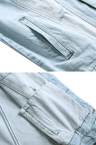 Vista 5 de LAMKUKU Chaqueta de mezclilla para hombre rasgada ajustada, abrigo de chaqueta vaquera para hombres