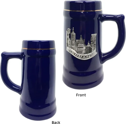 Vista 2 de Essence of Europe Gifts OktoberfestHaus - Taza de cerámica azul cobalto para amantes de la cerveza, con emblema de metal, 0,75 litros