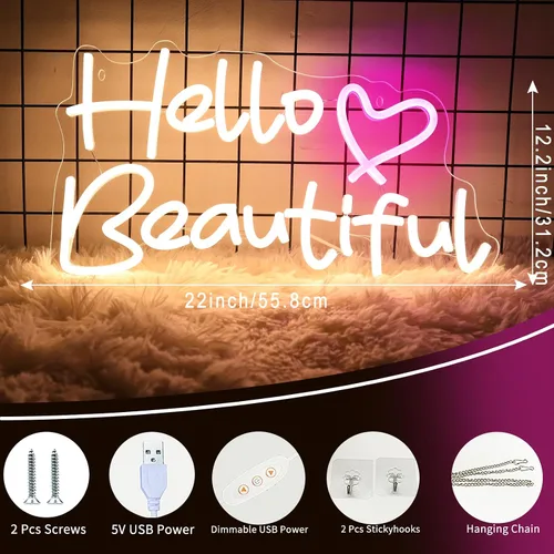 Vista 3 de Letreros de neón de Hello Beautiul, luz LED de neón para decoración de pared para despedida de soltera, cumpleaños, compromiso, decoración de boda