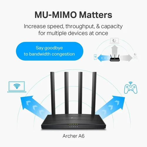 Vista 3 de TP-Link Router WiFi Gigabit AC1200 (Archer A6) - Router inalámbrico de Internet MU-MIMO de doble banda, 4 antenas, modo OneMesh y AP, cobertura