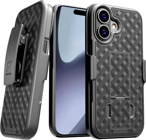 Vista 15 de Funda diseñada para iPhone 15 con funda de clip para cinturón, funda con función atril, color negro