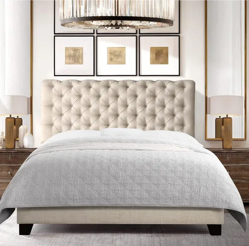 Vista 2 de Rosevera Atherine - Marco de cama tapizado de tela con cabecera ajustable, estilo Chesterfield, cabeza enrollada, soporte de listones de madera