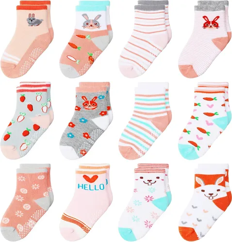 Vista 14 de 12 paquetes de calcetines antideslizantes para niños y bebés con agarre para niños de 1-7 años, calcetines de algodón de tripa para niños y niñas