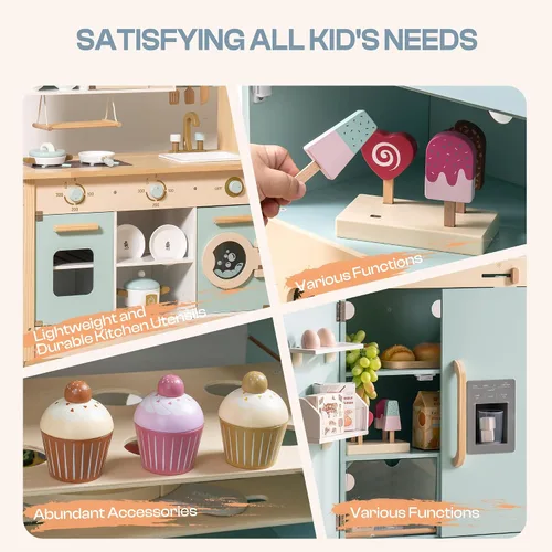 Vista 6 de ROBUD Juego de cocina de madera, juego de cocina de juguete para niños con diseño realista, utensilios, máquina de hielo, nevera, horno, lavadora