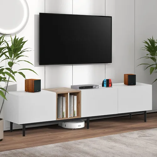 Vista 3 de Moderno soporte de TV con centro de entretenimiento con 3 puertas, soportes de centro multimedia con armarios grandes y mesa de madera resistente al