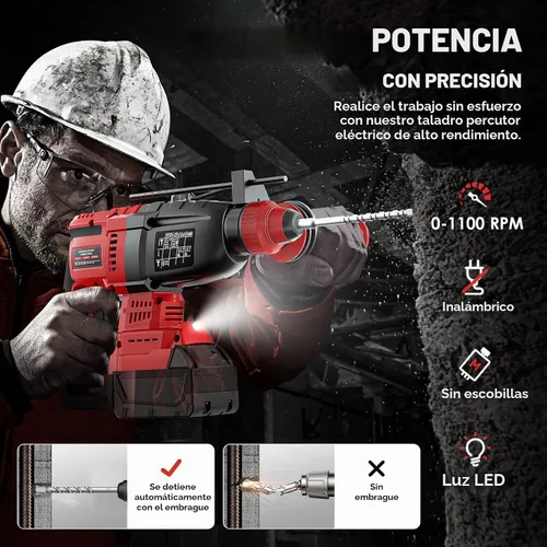 Vista 6 de MtiolHig Taladro de martillo giratorio inalámbrico compatible con batería Milwaukee de 18 V, taladro de martillo SDS-Plus sin escobillas