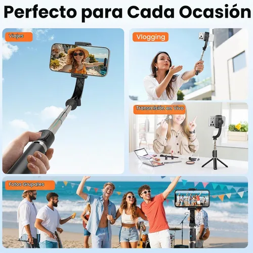 Vista 6 de Estabilizador de cardán para smartphone, cardán de mano de equilibrio automático de 1 eje, trípode extensible giratorio de 360°, control remoto Negro