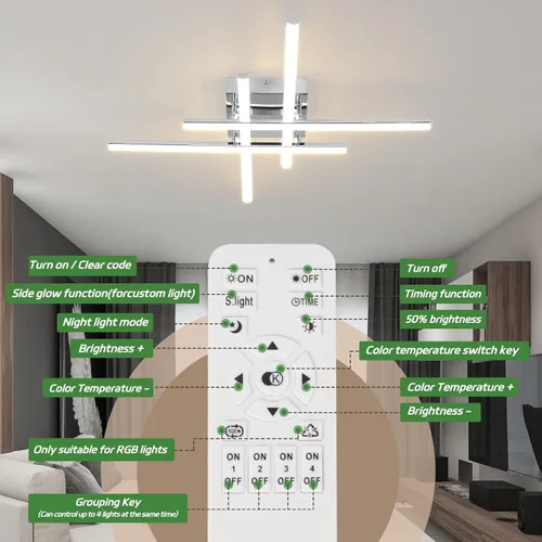 Vista 6 de CANEOE Moderna lámpara de techo LED de 38W regulable, lámpara de techo de montaje empotrado con control remoto, color plateado, cerca de la lámpara