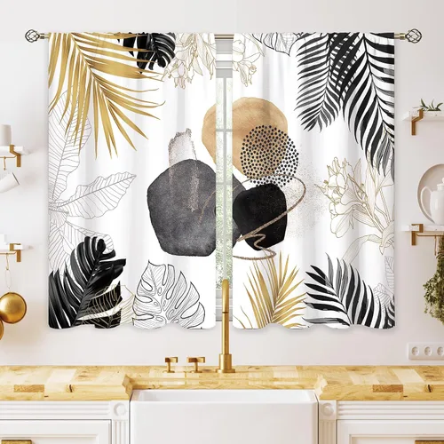 Vista 9 de Cortinas bohemias de cocina pequeñas de mediados de siglo, tratamiento abstracto moderno para ventana, bolsillo para cortinero, cortinas cortas
