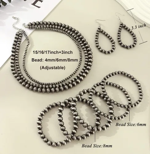 Vista 5 de MOZAKA Juego de joyas occidentales para mujer, incluye collar de perlas navajo, estilo vaquera, estilo occidental, aretes y pulseras de perlas