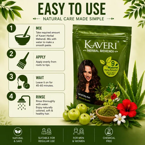 Vista 6 de Kaveri Henna Herbal Brown Natural - 9 hierbas Henna en polvo para el cabello - Tinte de henna natural para el color del cabello - Proporciona un